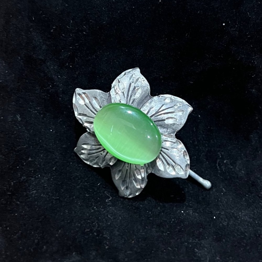 Handmade Silver and Lime Green Tiger's Eye Flower Hairpin